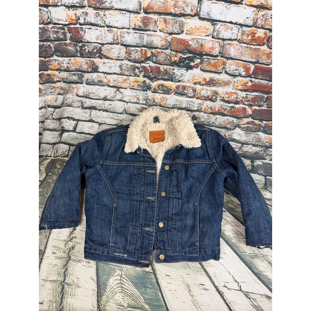 Levis Kids Blue Denim Sherpa Lined Trucker Jacket Dark Wash Size M Medium
